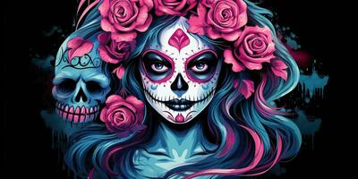 AI Generated. AI Generative. Muertos Mexican latin day of the dead holiday carnival woman make up sugar skull face. Beautiful woman with halloween photo