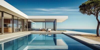 ai generado. ai generativo. moderno lujo villa casa lujo hotel relajante arquitectura con nadando piscina decoración. gráfico Arte foto