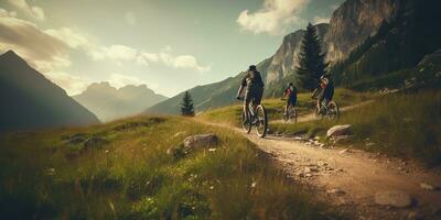 ai generado. ai generativo. ciclista motorista activo deporte transporte al aire libre naturaleza montaña paisaje antecedentes acción. gráfico Arte foto