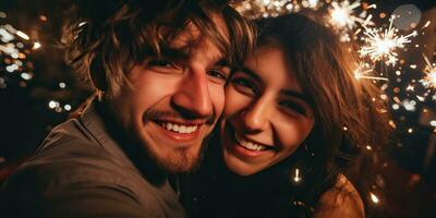 ai generado. ai generativo. Pareja de amantes hombre y mujer celebrando nuevo año alegre Navidad noche víspera. romántico amor foto ilustración. gráfico Arte