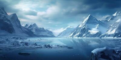 ai generado. ai generativo. invierno hielo nieve congelado lago naturaleza al aire libre antecedentes con montañas paisaje. gráfico Arte foto