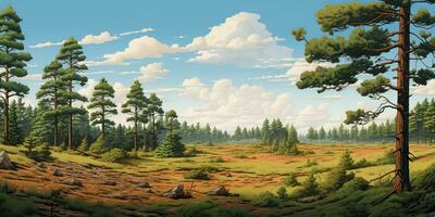 AI Generated. AI Generative. Pine forest outdoor nature landscape background. Graphic Art photo