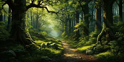 ai generado. ai generativo. al aire libre naturaleza aventuras bosque caminar camino la carretera aventuras antecedentes. gráfico Arte foto