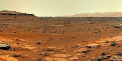 ai generado. ai generativo. naturaleza al aire libre marciano planeta superficie paisaje antecedentes. rojo galaxia planeta viaje exploración. gráfico Arte foto
