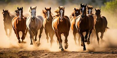 AI Generated. AI Generative. Group of horses running outdoor nature background. Wild life animal decoration. Graphic Art photo