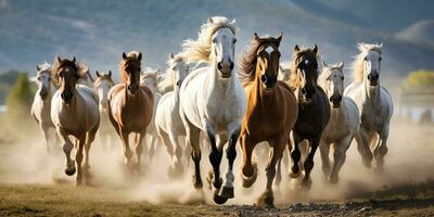 AI Generated. AI Generative. Group of horses running outdoor nature background. Wild life animal decoration. Graphic Art photo