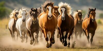 AI Generated. AI Generative. Group of horses running outdoor nature background. Wild life animal decoration. Graphic Art photo