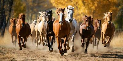 ai generado. ai generativo. grupo de caballos corriendo al aire libre naturaleza antecedentes. salvaje vida animal decoración. gráfico Arte foto