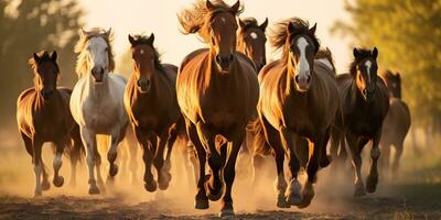 AI Generated. AI Generative. Group of horses running outdoor nature background. Wild life animal decoration. Graphic Art photo