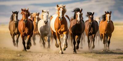 ai generado. ai generativo. grupo de caballos corriendo al aire libre naturaleza antecedentes. salvaje vida animal decoración. gráfico Arte foto