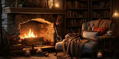 AI Generated. AI Generative. Vintage retro classic fireplace at rural countryside nook with armchair and many bookd around. Graphic Art photo