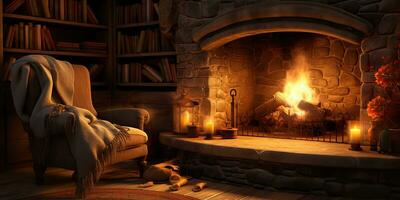 AI Generated. AI Generative. Vintage retro classic fireplace at rural countryside nook with armchair and many bookd around. Graphic Art photo