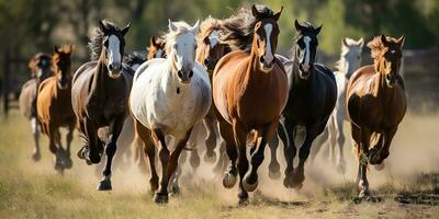 AI Generated. AI Generative. Group of horses running outdoor nature background. Wild life animal decoration. Graphic Art photo