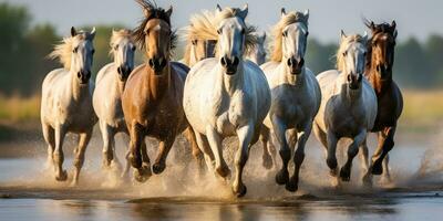 AI Generated. AI Generative. Group of horses running outdoor nature background. Wild life animal decoration. Graphic Art photo