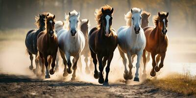 AI Generated. AI Generative. Group of horses running outdoor nature background. Wild life animal decoration. Graphic Art photo