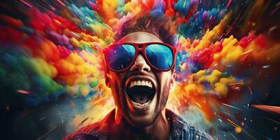 AI Generated. AI Generative. Vibrant multi color explosion holi powder boom with handsome man portrait in sunglasses. Graphic Art photo