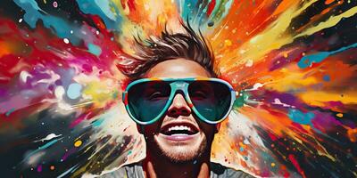 AI Generated. AI Generative. Vibrant multi color explosion holi powder boom with handsome man portrait in sunglasses. Graphic Art photo