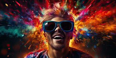 AI Generated. AI Generative. Vibrant multi color explosion holi powder boom with handsome man portrait in sunglasses. Graphic Art photo