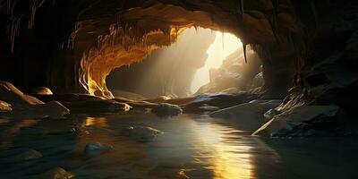 AI Generated. AI Generative. Old deep cave under earth witn sun ray light from above. Graphic Art photo