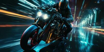 AI Generated. AI Generative. Motorbike biker rider on sport future motorcycle in motion move. Cyberpunk synthwave vibe. Graphic Art photo