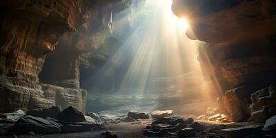 AI Generated. AI Generative. Old deep cave under earth witn sun ray light from above. Graphic Art photo