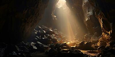 AI Generated. AI Generative. Old deep cave under earth witn sun ray light from above. Graphic Art photo