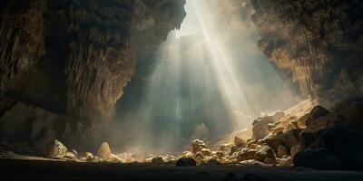 AI Generated. AI Generative. Old deep cave under earth witn sun ray light from above. Graphic Art photo