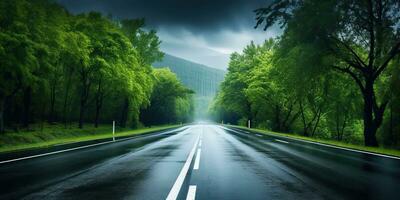 AI Generated. AI Generative. Outdoor nature landsacpe forest tree road highway path landscape background. Graphic Art photo