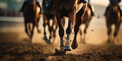 ai generado. ai generativo. jorse carrera competencia juego de azar acción. ver desde fondo en caballo piernas casco. gráfico Arte foto