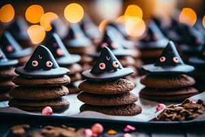 Homemade Halloween Goodies - gingerbread Cookies and Magical Chocolate Witch Hat Desserts - Generative AI photo