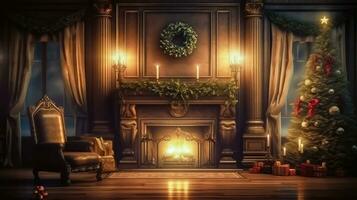 Navidad elegancia - chimenea, festivo árbol y regalos - generativo ai foto