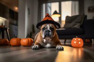 Spooky Season - Dog in Witch Hat with Pumpkin Lantern - Generative AI photo