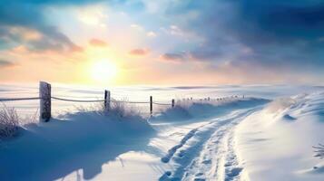 iluminado por el sol Nevado calzada en invierno - generativo ai foto