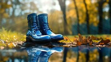 Puddle Reflections - Rubber Boots in Autumn - Generative AI photo