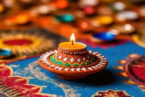 Beautifully Decorated Clay Diya Oil Lamp for Diwali Celebration - Generative AI photo