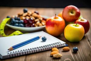 Fresco frutas, nueces y bayas con cuaderno y bolígrafo - generativo ai foto