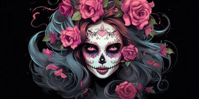 AI Generated. AI Generative. Muertos Mexican latin day of the dead holiday carnival woman make up sugar skull face. Beautiful woman with halloween photo