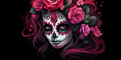 ai generado. ai generativo. muertos mexicano latín día de el muerto fiesta carnaval mujer hacer arriba azúcar cráneo rostro. hermosa mujer con Víspera de Todos los Santos foto