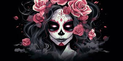 AI Generated. AI Generative. Muertos Mexican latin day of the dead holiday carnival woman make up sugar skull face. Beautiful woman with halloween photo