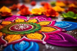 un cerca arriba imagen de intrincado rangoli modelo ai generativo foto