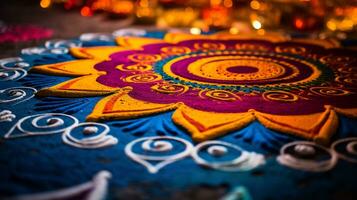 un cerca arriba imagen de intrincado rangoli modelo ai generativo foto