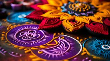 un cerca arriba imagen de intrincado rangoli modelo ai generativo foto