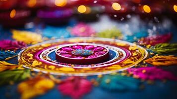 un cerca arriba imagen de intrincado rangoli modelo ai generativo foto