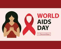 illustration vector graphic of a woman holds her chest with both hands, displaying a red ribbon, perfect for international day, world aids day, celebrate, greeting card, etc.