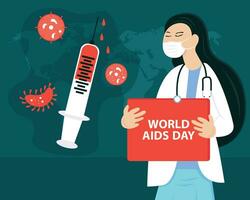 illustration vector graphic of a doctor is campaigning for world aids day, showing injections and blood drops, perfect for international day, celebrate, greeting card, etc.