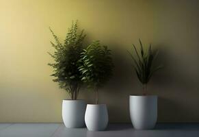 a green plant against yellow wall background ai generated photo