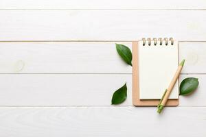 eco-friendly Empty notebook with pen and green leaf on Colored background for note photo