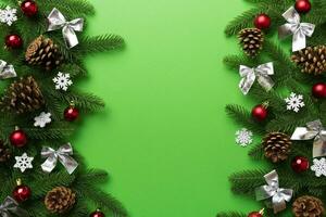 Christmas background with fir branches and Christmas decor. Top view, copy space for text photo