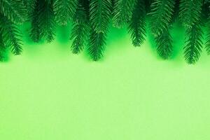 Top view of colorful festive background made of fir tree branch. Christmas holiday concept with copy space photo