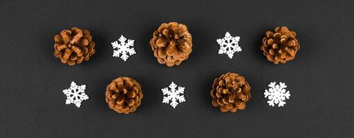 Top view Banner of New Year ornament made of white snowflakes and pine cones on colorful background. Winter holiday concept with empty space for your design photo